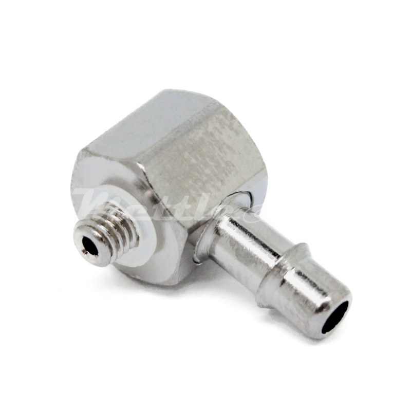 Nickel-Plated Brass 90° Male Elbow 1/8" Hose ID Barb - M3 x 0.5 Male, Single Barb Design