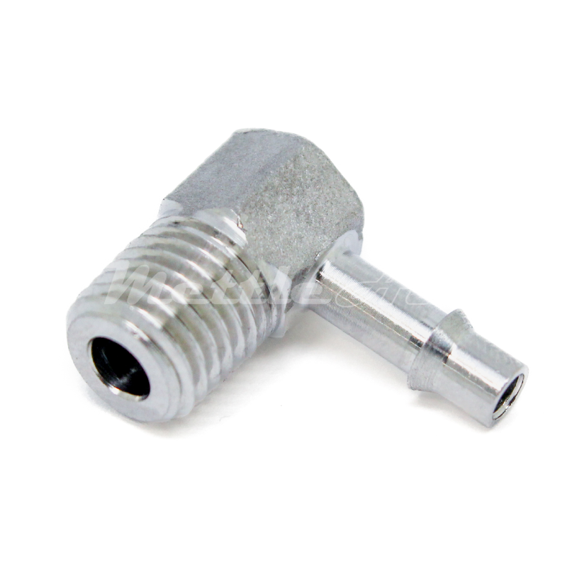 Stainless Steel 90° Male Elbow 1/8" Hose ID Barb - 1/16" NPT Male, Single Barb Design
