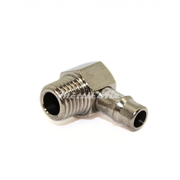 Brass 90° Male Elbow 1/4" Hose ID Barb - 1/16" NPT Male Nickel Plated, Single Barb Design