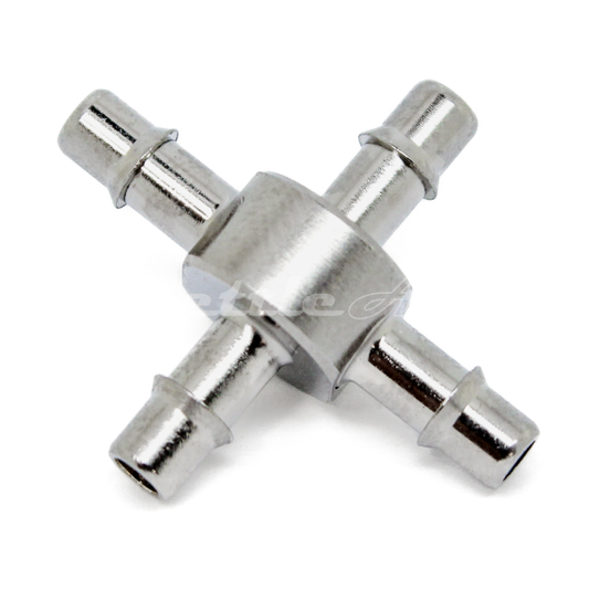 Brass Cross Union 1/8" Hose ID Barb -  Nickel Plated, Single Barb Design