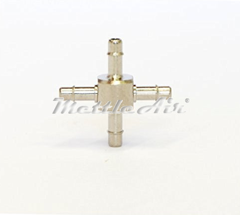 Brass Cross Union 1/4" Hose ID Barb -  Nickel Plated, Single Barb Design