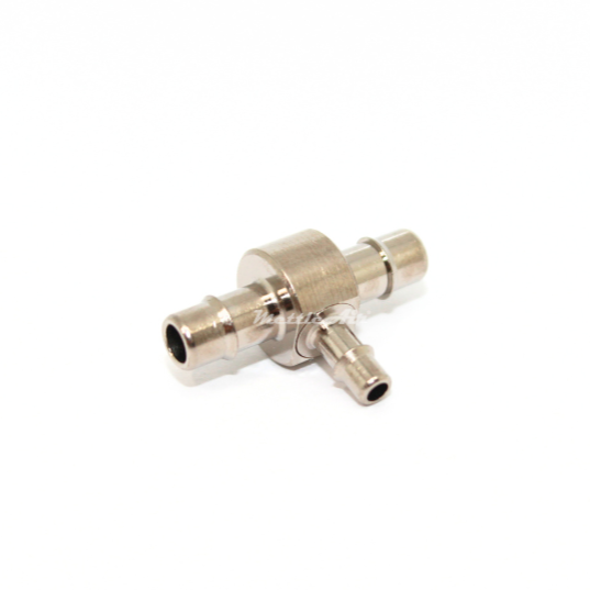 Brass Tee Union 1/8" Hose ID Barb - 1/16" Hose ID Barb REDUCER, Nickel Plated, Single Barb Design