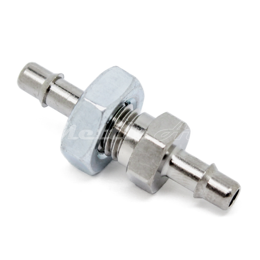 Brass Bulk Head Splicer 1/8" Hose ID Barb - 1/8" Hose ID Barb Nickel Plated,  Single Barb Design