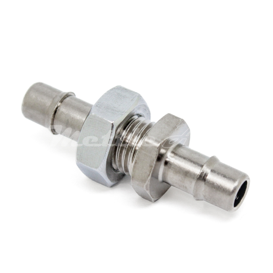 Brass Bulk Head Splicer 1/4" Hose ID Barb - 1/4" Hose ID Barb Nickel Plated, Single Barb Design