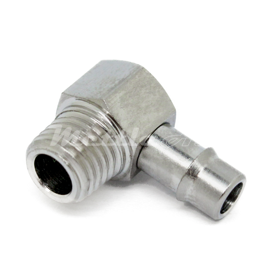 Brass 90° Male Elbow 3/16" Hose ID Barb - 1/16" NPT Male Nickel Plated, Single Barb Design