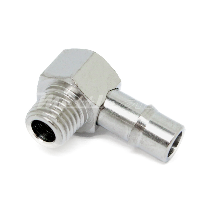 Nickel-Plated Brass 90° Male Elbow 1/4" Hose ID Barb  - 1/16" NPT Male, Single Barb Design