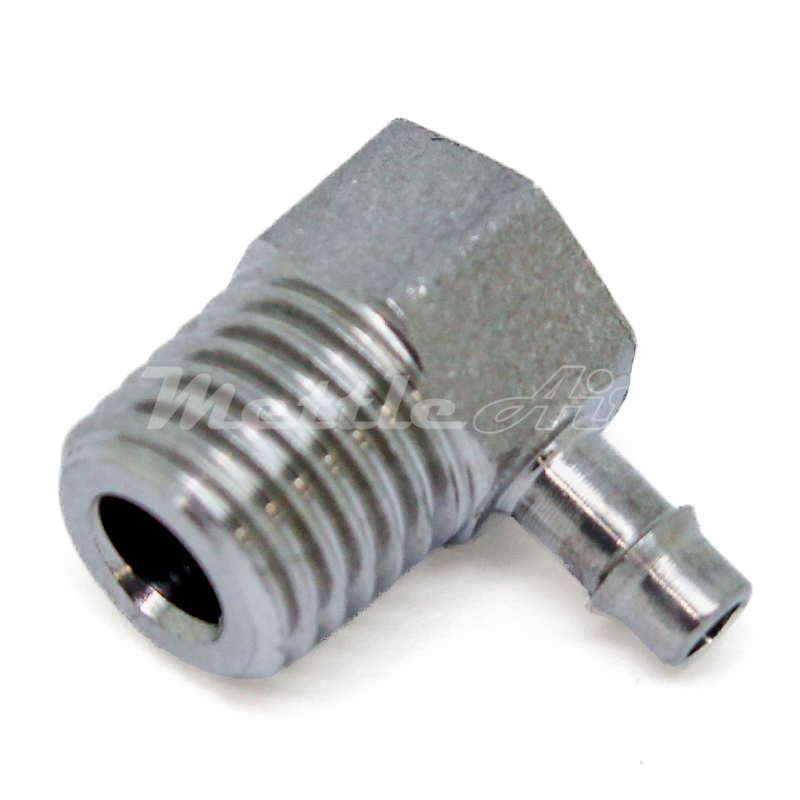 Stainless Steel 316L 90° Male Elbow 3/32" Hose ID Barb - 1/16" NPT Male, Single Barb Design