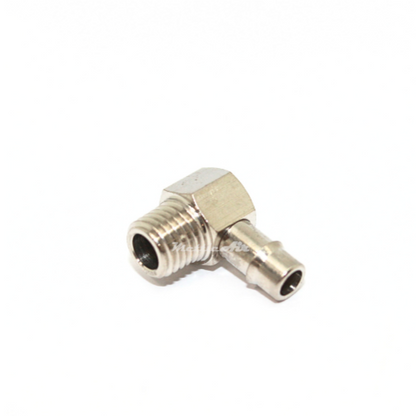 Brass 90° Male Elbow 1/4" Hose ID Barb  - 1/16" NPT Male Nickel Plated, Single Barb Design