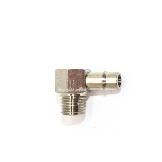 Brass 90° Male Elbow 3/16" Hose ID Barb - 1/16" NPT Male Nickel Plated, Single Barb Design