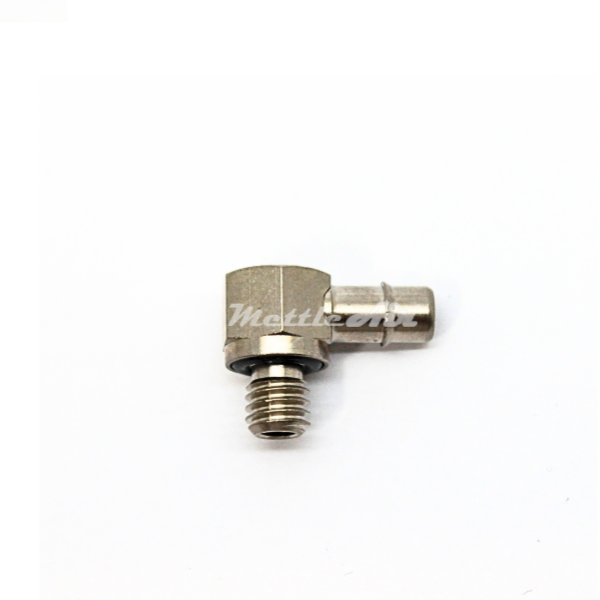 Brass 90° Male Elbow 1/8" Hose ID Barb - M5 x 0.8 Male Nickel Plated, Single Barb Design