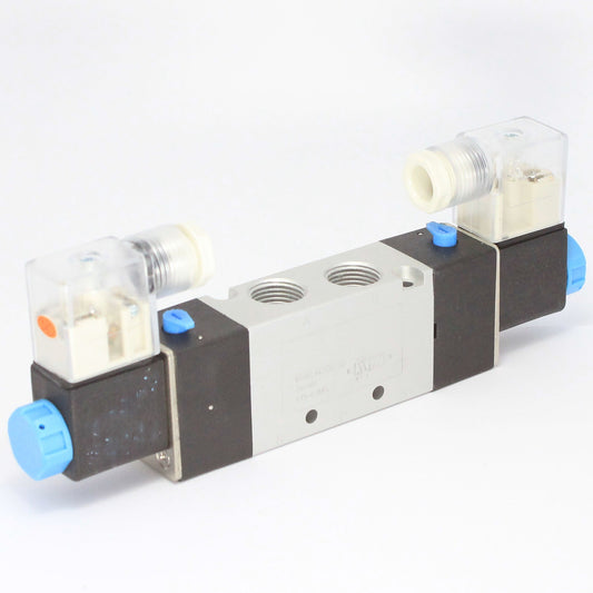 5 Ports 4 Way 2 Position Valve 3/8" NPT (Exh. 1/4") DIN Connector Double Solenoid DC 24V