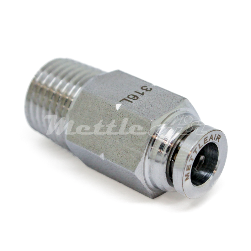 Stainless Steel 316L PTC Check Valve Male, Flow from Tube to Thread, 3/8" OD - 1/4" NPT Male