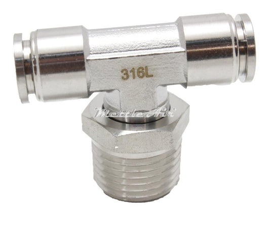 316L Stainless Steel Push To Connect Branch Tee Fitting 10 mm OD - 1/4" NPT Male