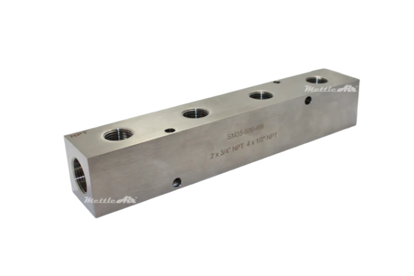 316L Stainless Steel Manifold 2 x 3/4" NPT IN - 4 x 1/2" NPT Out (2.5" Centre to Centre) Wide